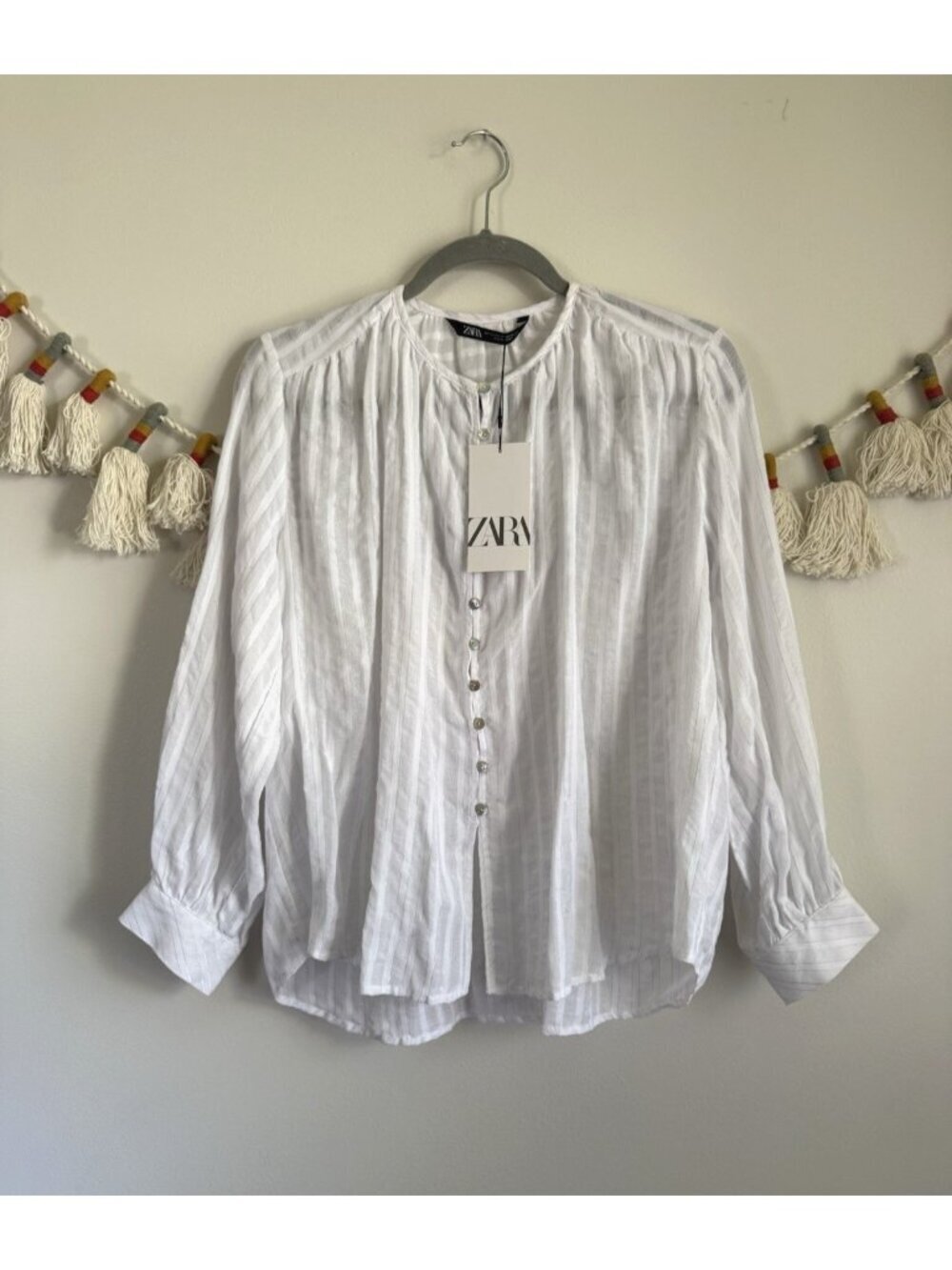 Zara Cotton Poplin Sheer Metallic Thread Button Front Top Feminine Whimsy NWT XS